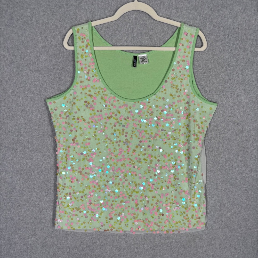 Green Sequin Tank Top 1X Mesh Overlay EDM Rave Festival Jersey Stretch Glam Lime